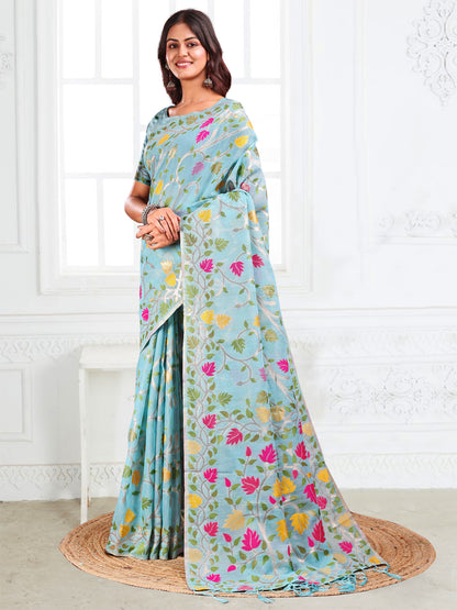 SUTRITI Multicolor Leaf Printed Saree for Women | Soft Lightweight Everyday Saree | Elegant Floral Vine Pallu & Border | Party, Office, Puja Wear | Includes Unstitched Blouse Piece(Sky Blue)