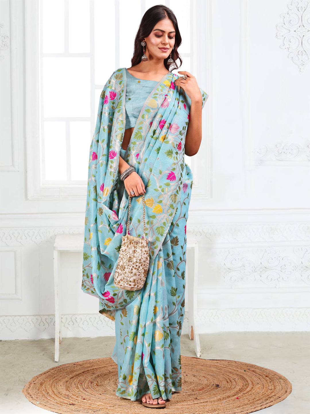 SUTRITI Multicolor Leaf Printed Saree for Women | Soft Lightweight Everyday Saree | Elegant Floral Vine Pallu & Border | Party, Office, Puja Wear | Includes Unstitched Blouse Piece(Sky Blue)