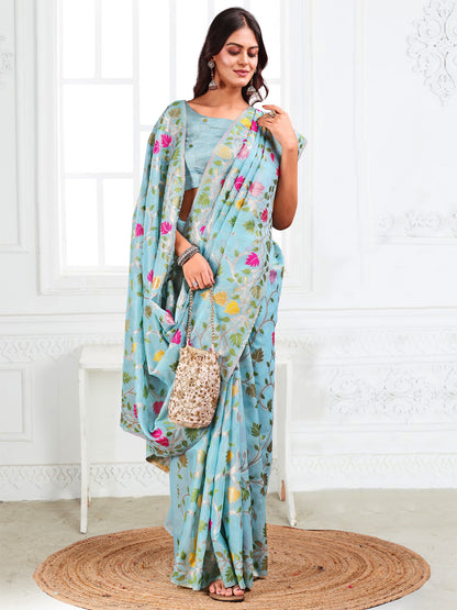 SUTRITI Multicolor Leaf Printed Saree for Women | Soft Lightweight Everyday Saree | Elegant Floral Vine Pallu & Border | Party, Office, Puja Wear | Includes Unstitched Blouse Piece(Sky Blue)