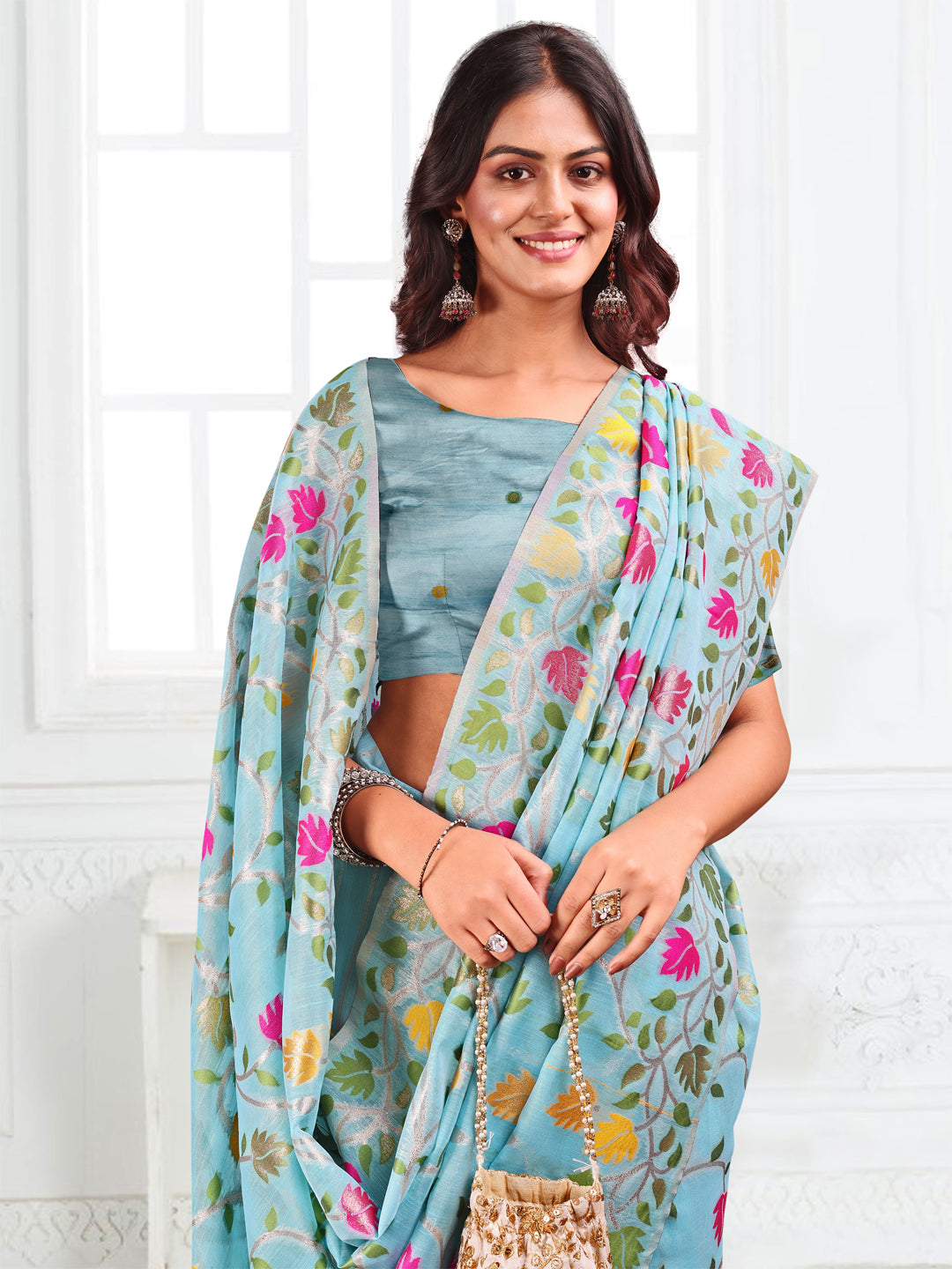 SUTRITI Multicolor Leaf Printed Saree for Women | Soft Lightweight Everyday Saree | Elegant Floral Vine Pallu & Border | Party, Office, Puja Wear | Includes Unstitched Blouse Piece(Sky Blue)