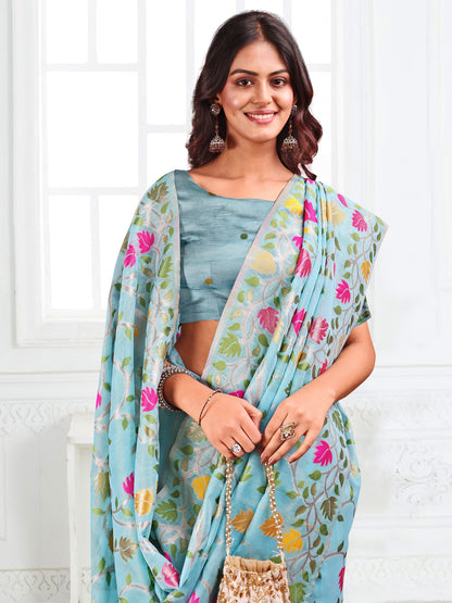 SUTRITI Multicolor Leaf Printed Saree for Women | Soft Lightweight Everyday Saree | Elegant Floral Vine Pallu & Border | Party, Office, Puja Wear | Includes Unstitched Blouse Piece(Sky Blue)