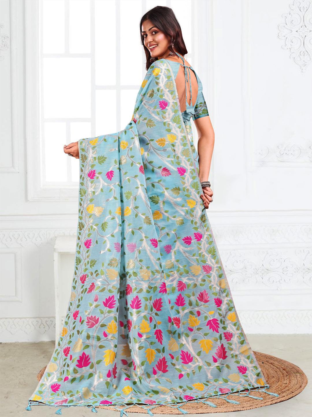 SUTRITI Multicolor Leaf Printed Saree for Women | Soft Lightweight Everyday Saree | Elegant Floral Vine Pallu & Border | Party, Office, Puja Wear | Includes Unstitched Blouse Piece(Sky Blue)