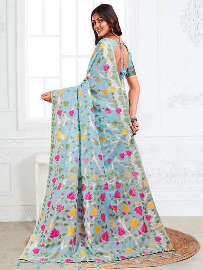 SUTRITI Multicolor Leaf Printed Saree for Women | Soft Lightweight Everyday Saree | Elegant Floral Vine Pallu & Border | Party, Office, Puja Wear | Includes Unstitched Blouse Piece(Sky Blue)