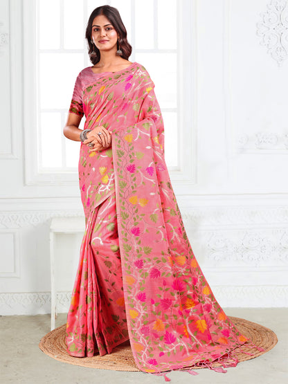 SUTRITI Multicolor Leaf Printed Saree for Women | Soft Lightweight Everyday Saree | Elegant Floral Vine Pallu & Border | Party, Office, Puja Wear | Includes Unstitched Blouse Piece(Pink)