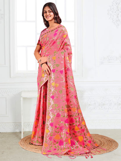 SUTRITI Multicolor Leaf Printed Saree for Women | Soft Lightweight Everyday Saree | Elegant Floral Vine Pallu & Border | Party, Office, Puja Wear | Includes Unstitched Blouse Piece(Pink)