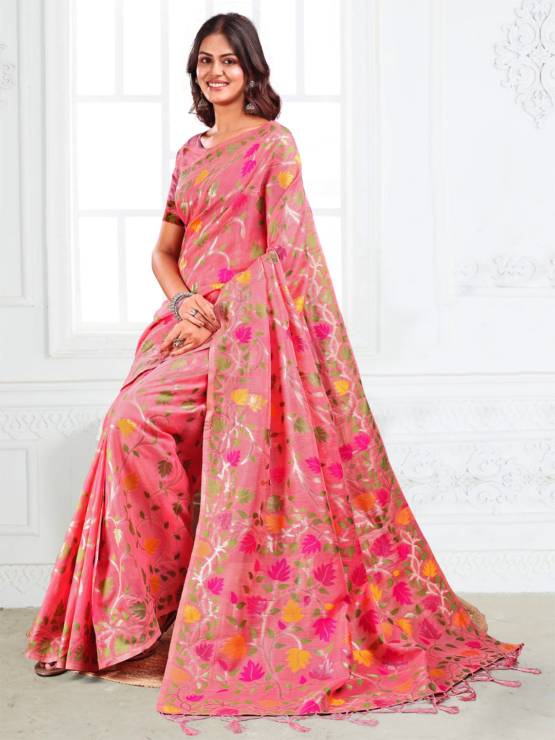 SUTRITI Multicolor Leaf Printed Saree for Women | Soft Lightweight Everyday Saree | Elegant Floral Vine Pallu & Border | Party, Office, Puja Wear | Includes Unstitched Blouse Piece(Pink)