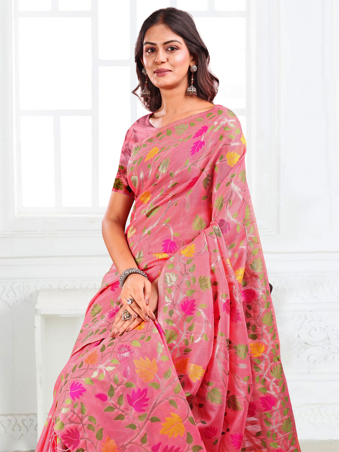 SUTRITI Multicolor Leaf Printed Saree for Women | Soft Lightweight Everyday Saree | Elegant Floral Vine Pallu & Border | Party, Office, Puja Wear | Includes Unstitched Blouse Piece(Pink)