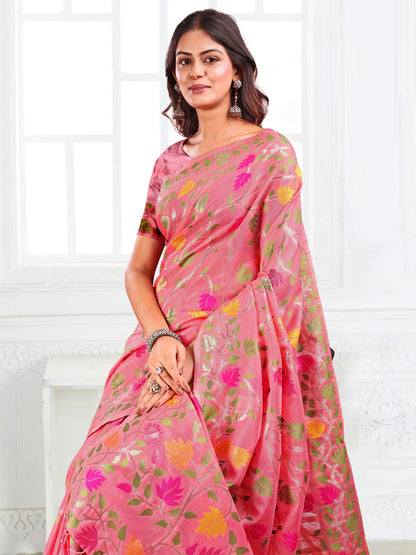 SUTRITI Multicolor Leaf Printed Saree for Women | Soft Lightweight Everyday Saree | Elegant Floral Vine Pallu & Border | Party, Office, Puja Wear | Includes Unstitched Blouse Piece(Pink)