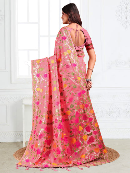 SUTRITI Multicolor Leaf Printed Saree for Women | Soft Lightweight Everyday Saree | Elegant Floral Vine Pallu & Border | Party, Office, Puja Wear | Includes Unstitched Blouse Piece(Pink)