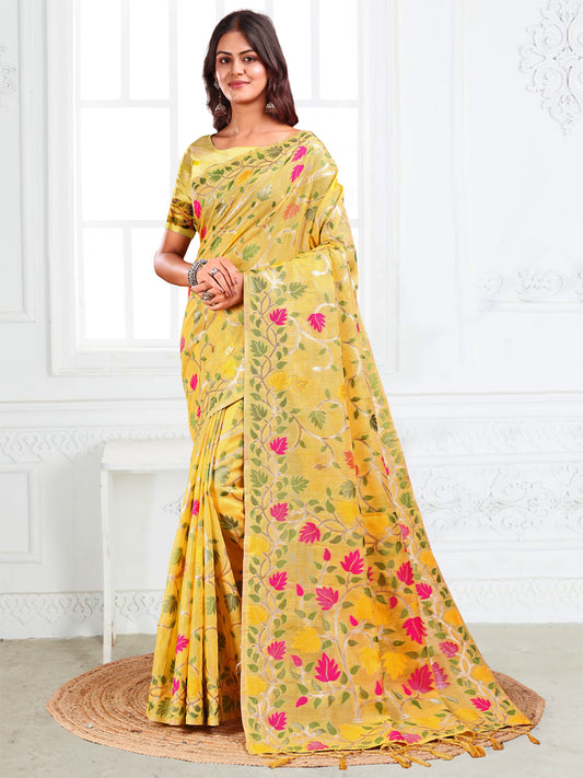 SUTRITI Multicolor Leaf Printed Saree for Women | Soft Lightweight Everyday Saree | Elegant Floral Vine Pallu & Border | Party, Office, Puja Wear | Includes Unstitched Blouse Piece(Yellow)