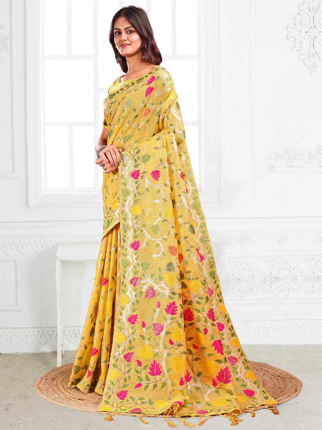 SUTRITI Multicolor Leaf Printed Saree for Women | Soft Lightweight Everyday Saree | Elegant Floral Vine Pallu & Border | Party, Office, Puja Wear | Includes Unstitched Blouse Piece(Yellow)