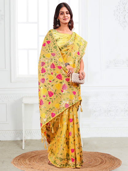 SUTRITI Multicolor Leaf Printed Saree for Women | Soft Lightweight Everyday Saree | Elegant Floral Vine Pallu & Border | Party, Office, Puja Wear | Includes Unstitched Blouse Piece(Yellow)