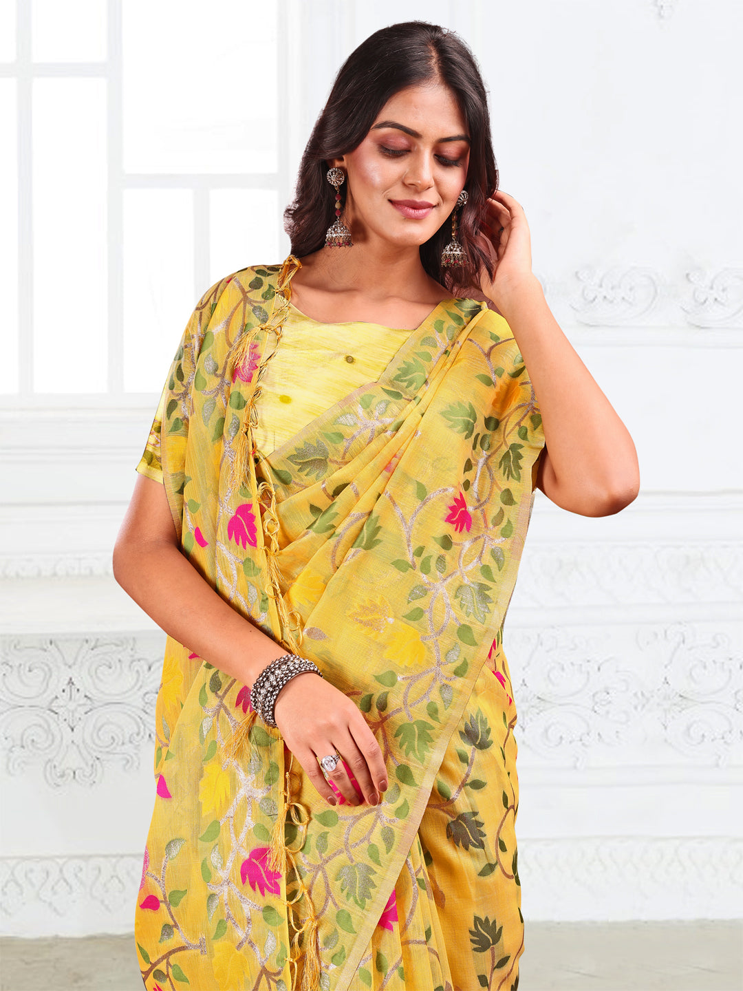 SUTRITI Multicolor Leaf Printed Saree for Women | Soft Lightweight Everyday Saree | Elegant Floral Vine Pallu & Border | Party, Office, Puja Wear | Includes Unstitched Blouse Piece(Yellow)