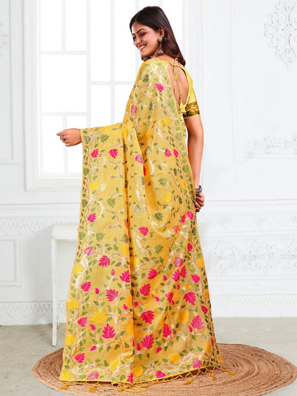 SUTRITI Multicolor Leaf Printed Saree for Women | Soft Lightweight Everyday Saree | Elegant Floral Vine Pallu & Border | Party, Office, Puja Wear | Includes Unstitched Blouse Piece(Yellow)