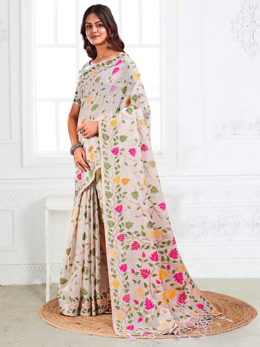 SUTRITI Multicolor Leaf Printed Saree for Women | Soft Lightweight Everyday Saree | Elegant Floral Vine Pallu & Border | Party, Office, Puja Wear | Includes Unstitched Blouse Piece(White)