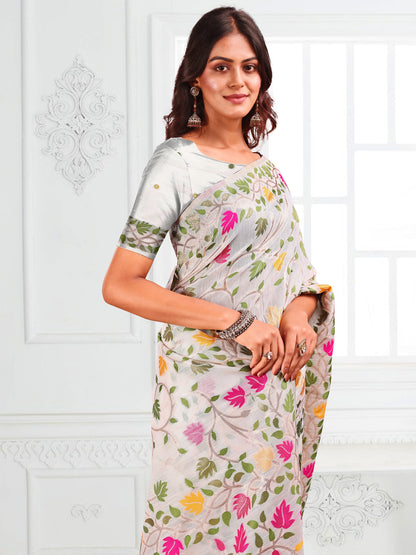 SUTRITI Multicolor Leaf Printed Saree for Women | Soft Lightweight Everyday Saree | Elegant Floral Vine Pallu & Border | Party, Office, Puja Wear | Includes Unstitched Blouse Piece(White)