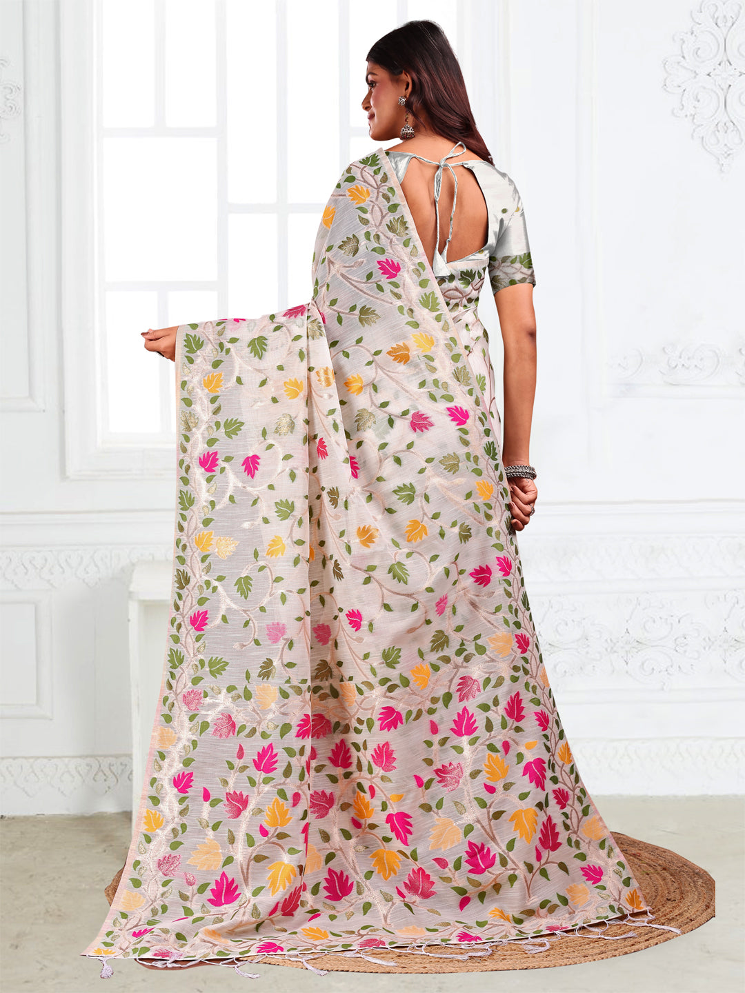 SUTRITI Multicolor Leaf Printed Saree for Women | Soft Lightweight Everyday Saree | Elegant Floral Vine Pallu & Border | Party, Office, Puja Wear | Includes Unstitched Blouse Piece(White)