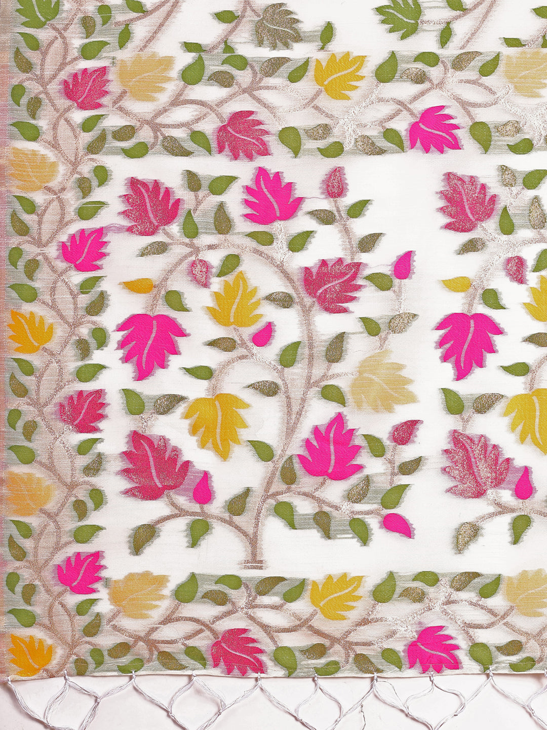 SUTRITI Multicolor Leaf Printed Saree for Women | Soft Lightweight Everyday Saree | Elegant Floral Vine Pallu & Border | Party, Office, Puja Wear | Includes Unstitched Blouse Piece(White)