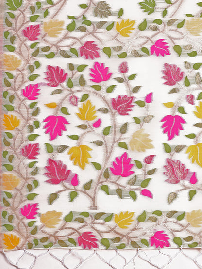 SUTRITI Multicolor Leaf Printed Saree for Women | Soft Lightweight Everyday Saree | Elegant Floral Vine Pallu & Border | Party, Office, Puja Wear | Includes Unstitched Blouse Piece(White)