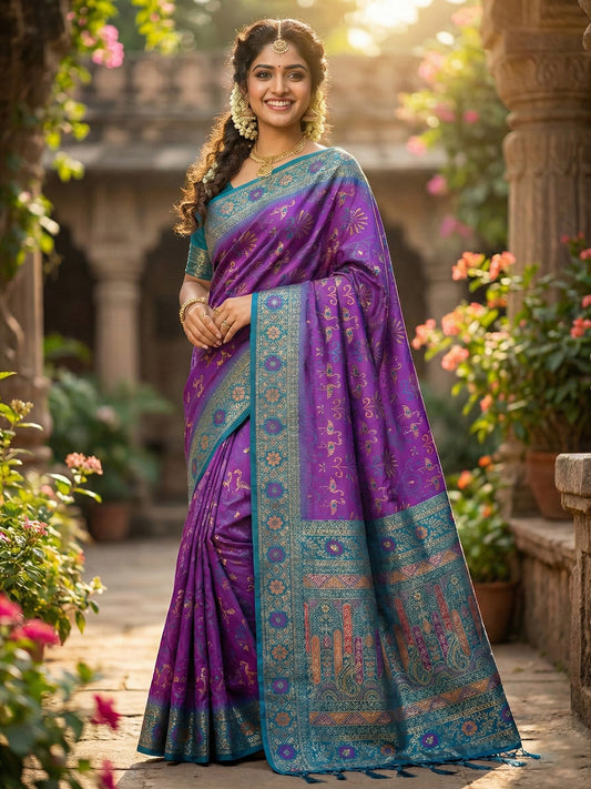 Sutriti Woven Banarasi Art Silk, Kanjivaram Silk Blend Saree Violet & Blue - Luxury Ethnic Party Wear