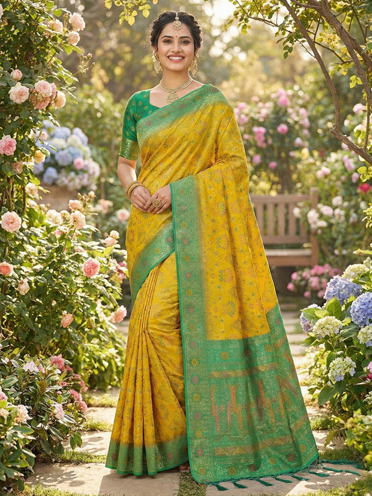 Sutriti Woven Banarasi Art Silk, Kanjivaram Silk Blend Saree Yellow & Green - Traditional Festive Wear