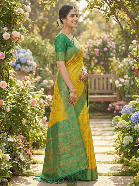 Sutriti Woven Banarasi Art Silk, Kanjivaram Silk Blend Saree Yellow & Green - Traditional Festive Wear