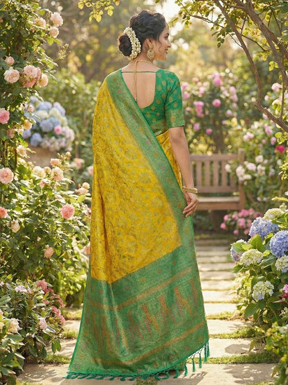 Sutriti Woven Banarasi Art Silk, Kanjivaram Silk Blend Saree Yellow & Green - Traditional Festive Wear