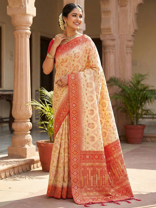 Sutriti Woven Banarasi Art Silk, Kanjivaram Silk Blend Saree Off-White & Red - Classic Cultural Wear