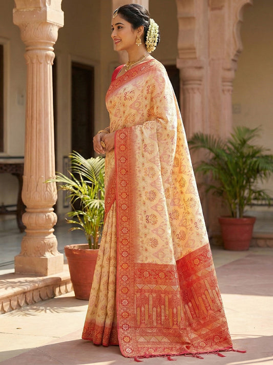Sutriti Woven Banarasi Art Silk, Kanjivaram Silk Blend Saree Off-White & Red - Classic Cultural Wear