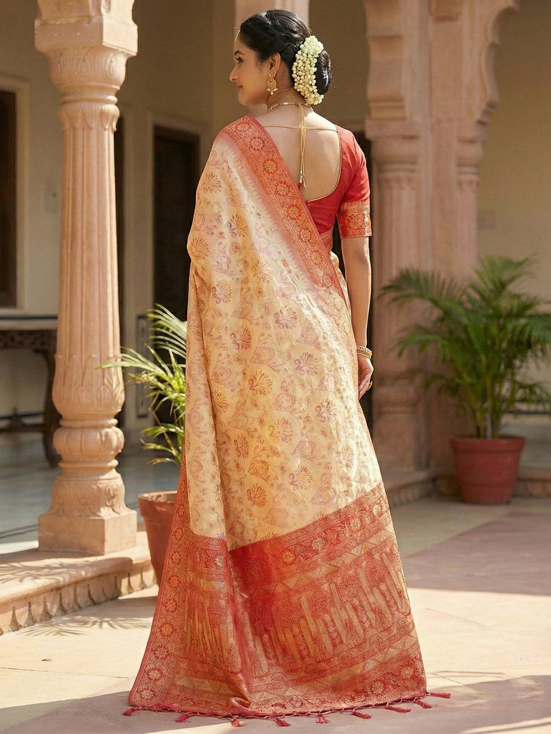 Sutriti Woven Banarasi Art Silk, Kanjivaram Silk Blend Saree Off-White & Red - Classic Cultural Wear