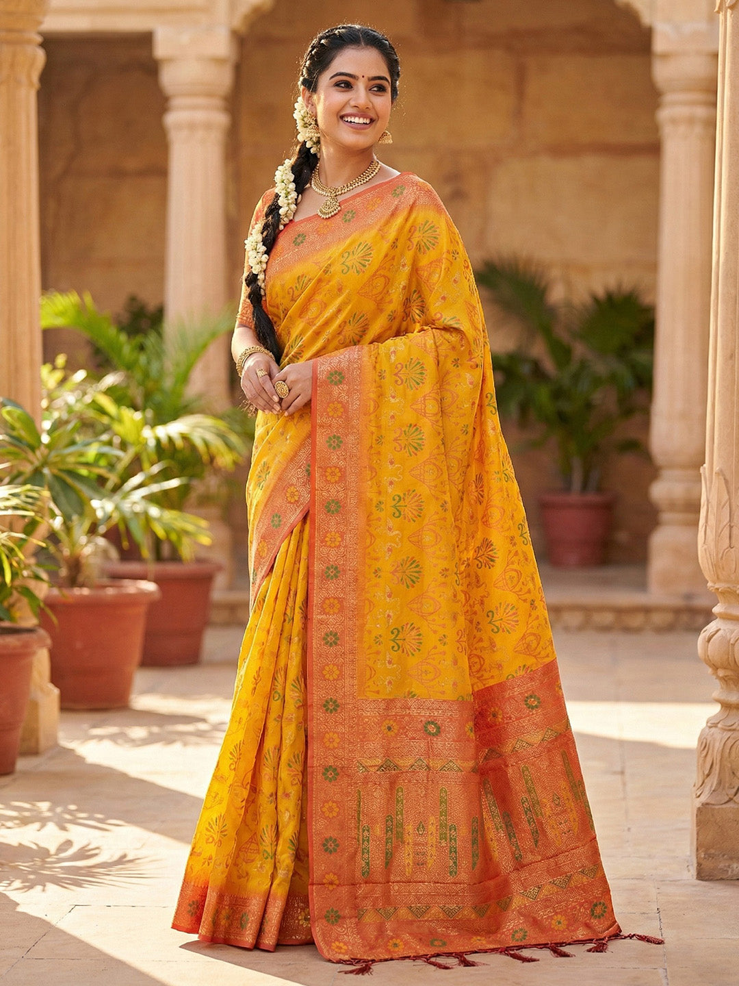 Sutriti Woven Banarasi Art Silk, Kanjivaram Silk Blend Saree Mustard & Orange - Vibrant Ethnic Wear