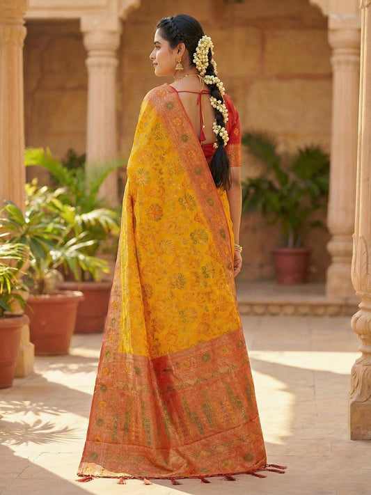Sutriti Woven Banarasi Art Silk, Kanjivaram Silk Blend Saree Mustard & Orange - Vibrant Ethnic Wear