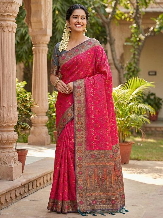 Sutriti Woven Banarasi Art Silk, Kanjivaram Silk Blend Saree Pink & Grey - Stylish Party Wear