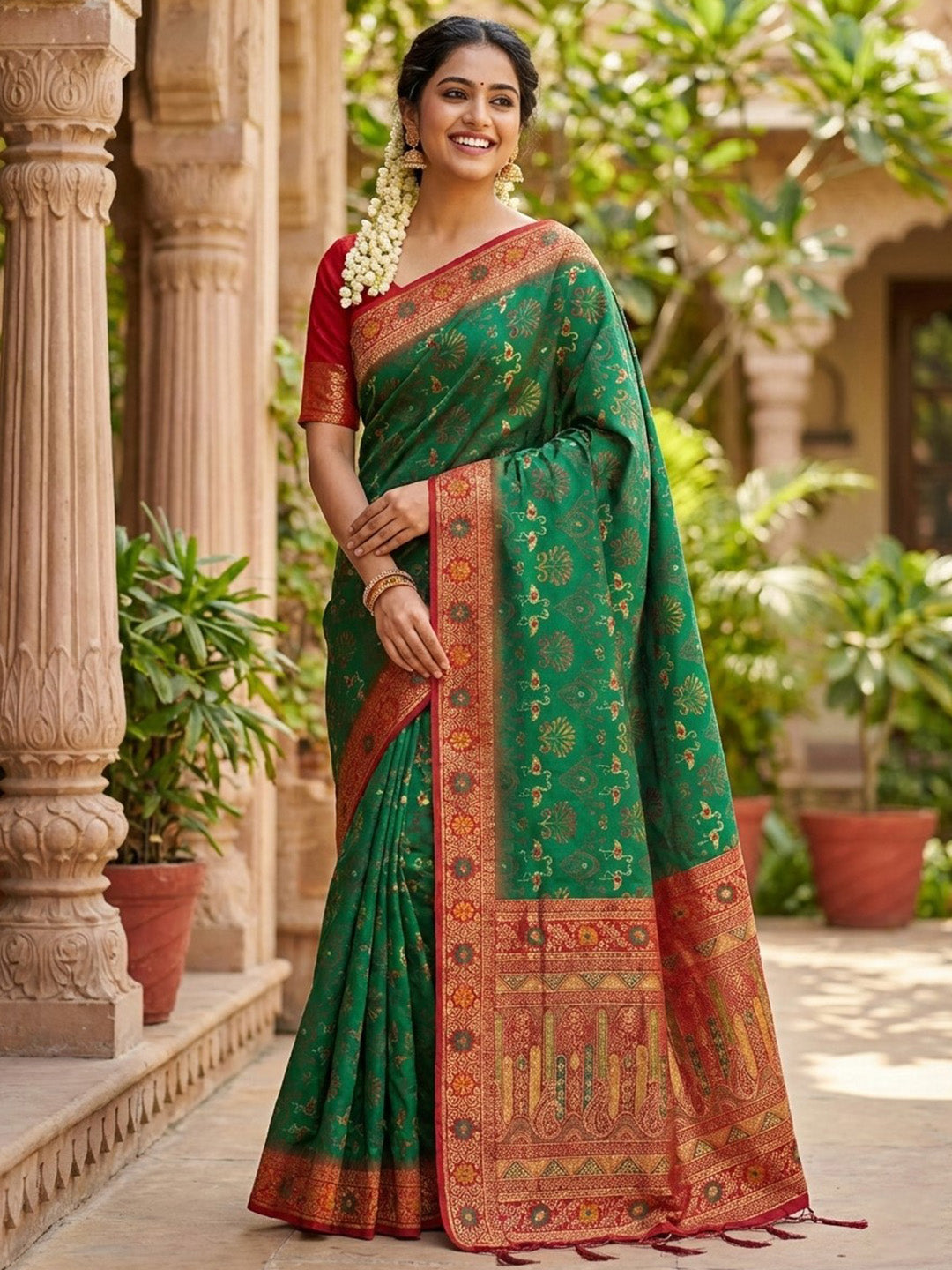 Sutriti Woven Banarasi Art Silk, Kanjivaram Silk Blend Saree Green & Red - Authentic South Indian Wear