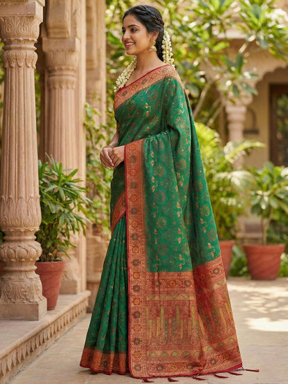 Sutriti Woven Banarasi Art Silk, Kanjivaram Silk Blend Saree Green & Red - Authentic South Indian Wear