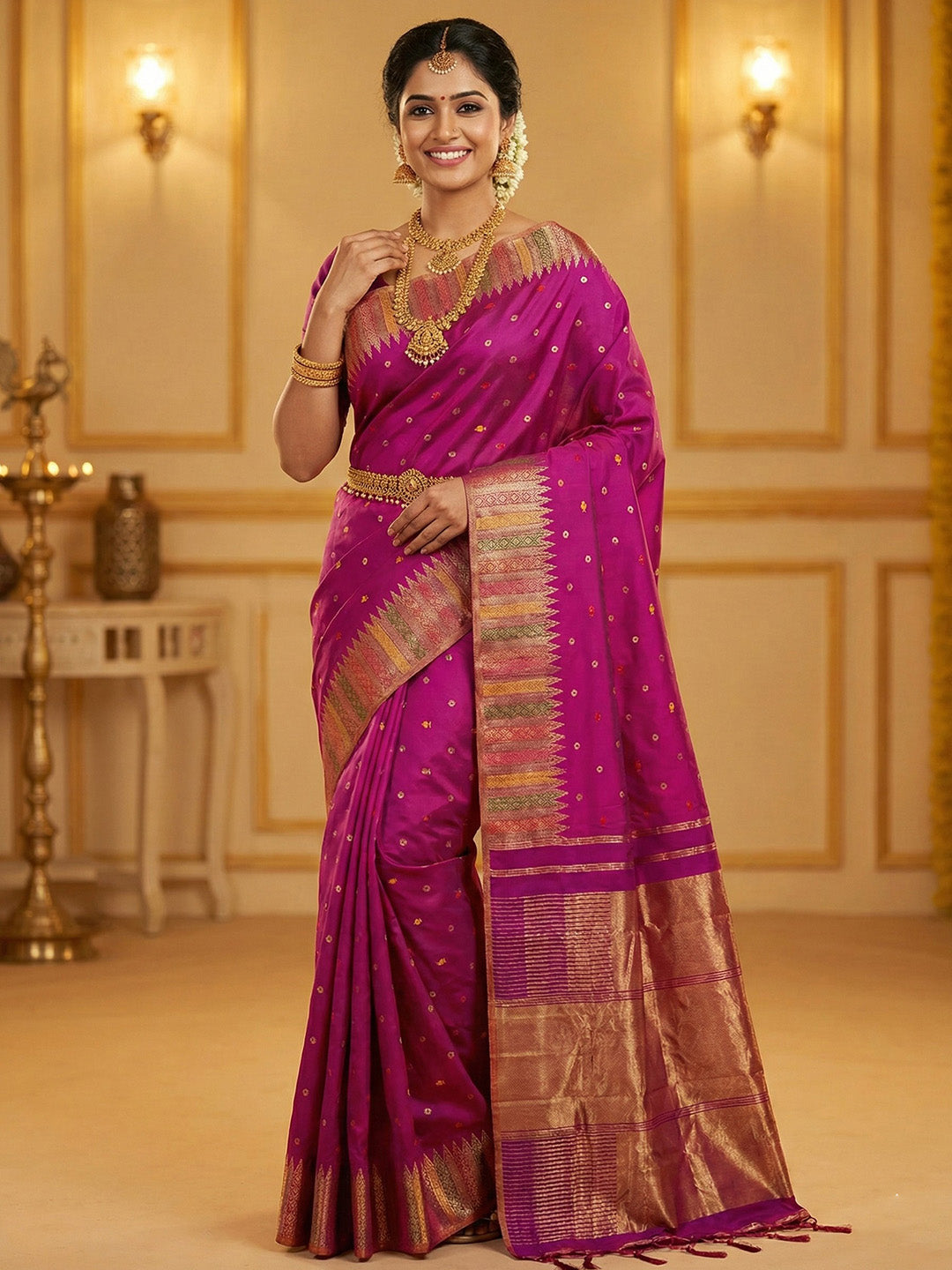 Sutriti Women’s Royal Magenta Soft Semi-Silk Saree with Heavy Zari Geometric Border | Traditional Kanjivaram Style Wedding Drape with Blouse Piece