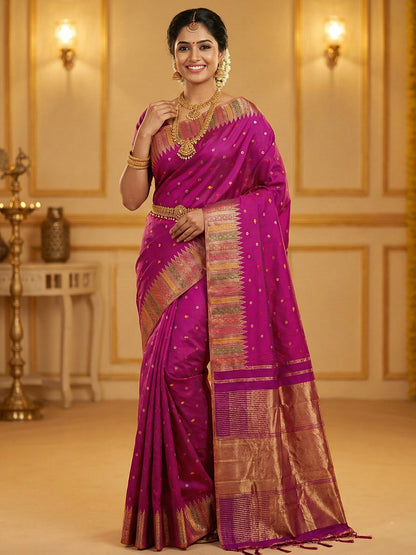 Sutriti Women’s Royal Magenta Soft Semi-Silk Saree with Heavy Zari Geometric Border | Traditional Kanjivaram Style Wedding Drape with Blouse Piece