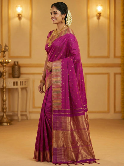 Sutriti Women’s Royal Magenta Soft Semi-Silk Saree with Heavy Zari Geometric Border | Traditional Kanjivaram Style Wedding Drape with Blouse Piece