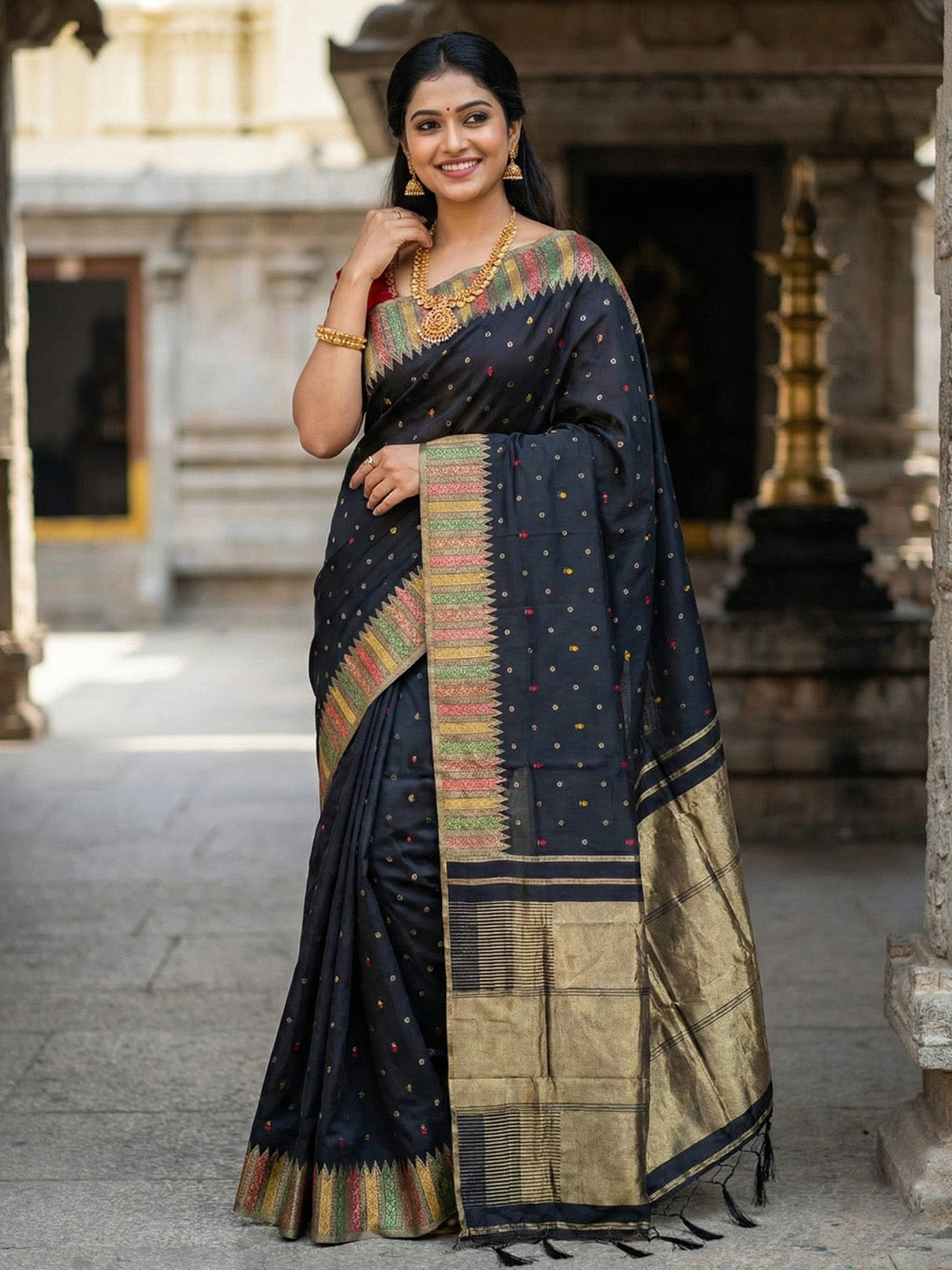Sutriti Designer Midnight Black & Gold Woven Art Silk Saree | Modern Festive Wear with Multi-Color Border Accents & Blouse
