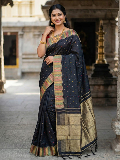 Sutriti Designer Midnight Black & Gold Woven Art Silk Saree | Modern Festive Wear with Multi-Color Border Accents & Blouse