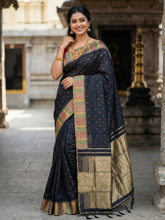 Sutriti Designer Midnight Black & Gold Woven Art Silk Saree | Modern Festive Wear with Multi-Color Border Accents & Blouse