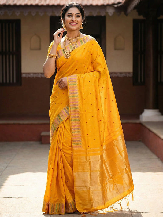Sutriti Haldi Special Mustard Yellow Soft Silk Saree with Traditional Zari Border | Festive Indian Ethnic Wear for Weddings
