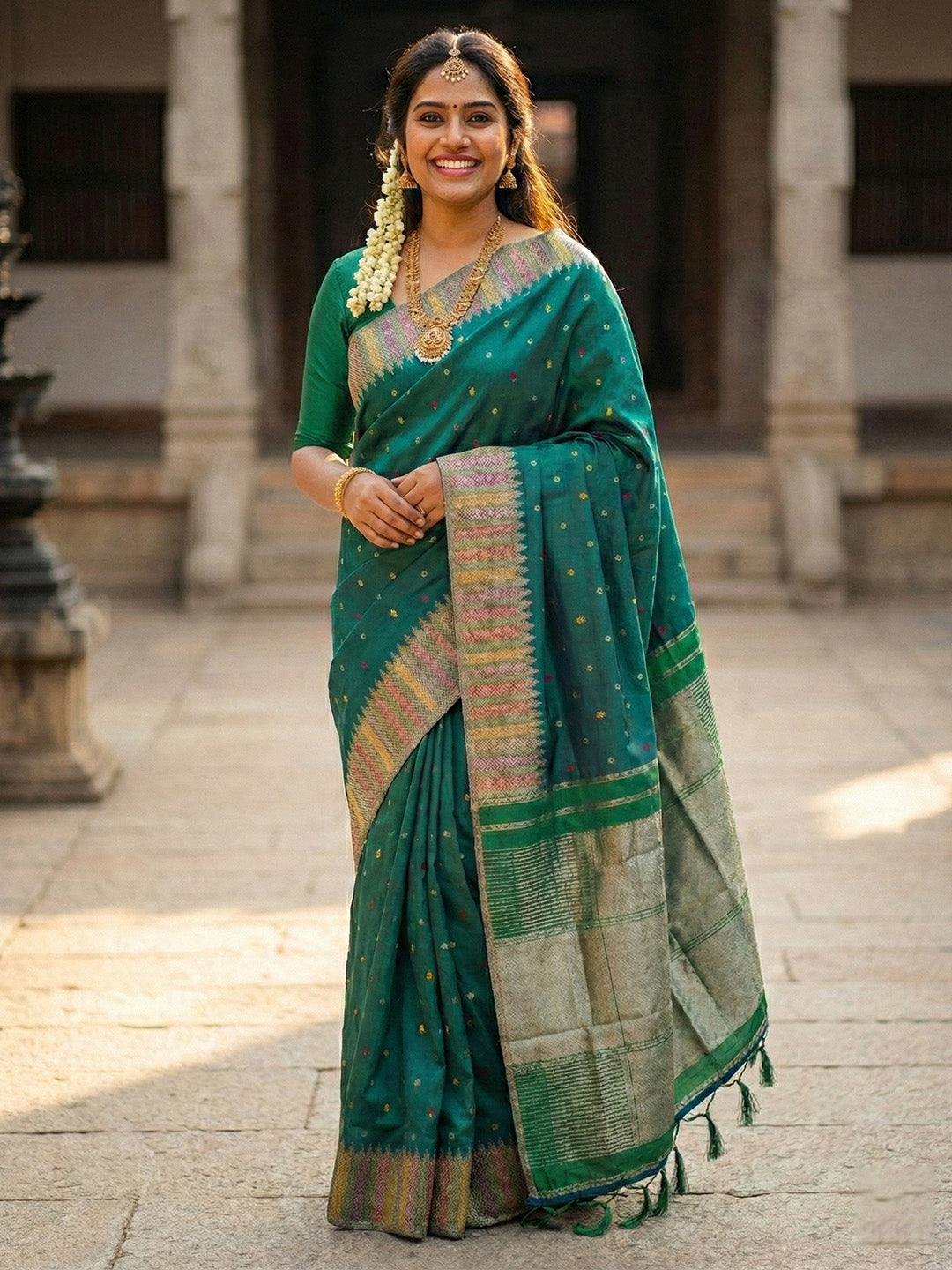 Sutriti Bottle Green Zari Woven Banarasi Style Semi-Silk Saree | Elegant Temple Wear with Rich Pallu & Blouse