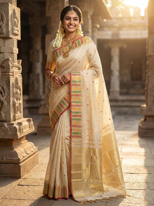 Sutriti Off-White Cream Kerala Style Soft Silk Saree with Gold Zari Border | Kasavu Inspired Festive Wear for Onam & Pooja