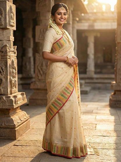 Sutriti Off-White Cream Kerala Style Soft Silk Saree with Gold Zari Border | Kasavu Inspired Festive Wear for Onam & Pooja