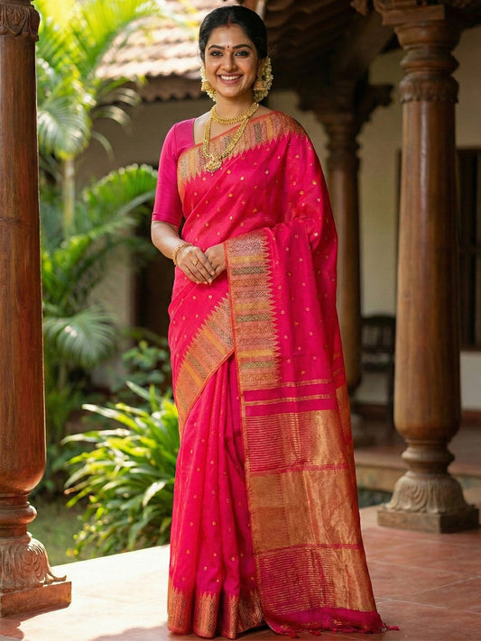 Sutriti Hot Rani Pink Bridal Style Soft Lichi Silk Saree | Heavy Zari Woven Border & Pallu for Wedding Guests