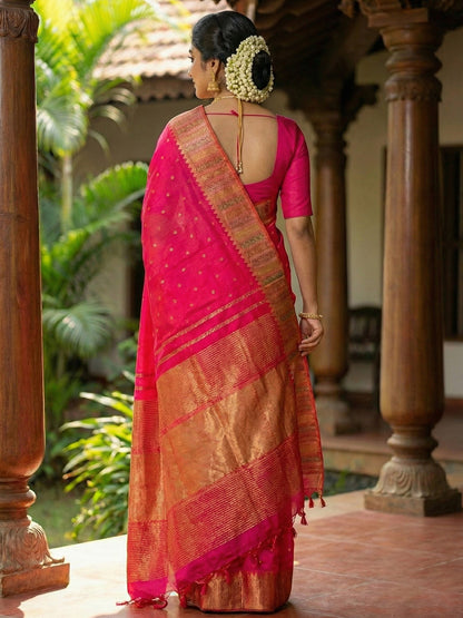 Sutriti Hot Rani Pink Bridal Style Soft Lichi Silk Saree | Heavy Zari Woven Border & Pallu for Wedding Guests