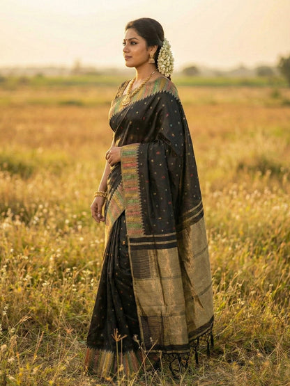 Sutriti Designer Midnight Black & Gold Woven Art Silk Saree | Modern Festive Wear with Multi-Color Border Accents & Blouse