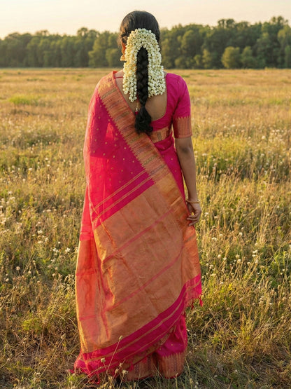 Sutriti Hot Rani Pink Bridal Style Soft Lichi Silk Saree | Heavy Zari Woven Border & Pallu for Wedding Guests