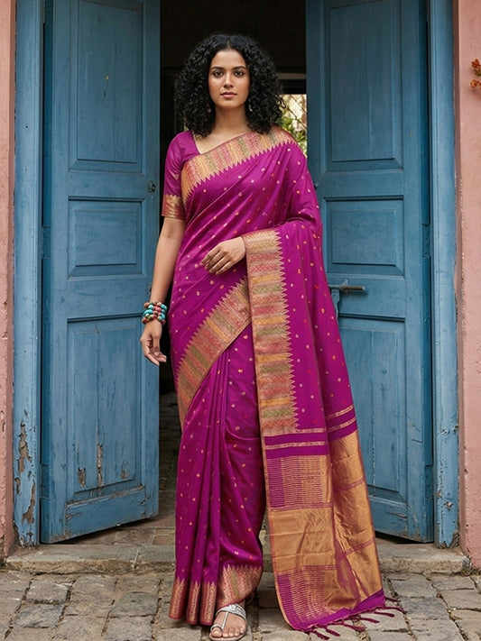Sutriti Women’s Royal Magenta Soft Semi-Silk Saree with Heavy Zari Geometric Border | Traditional Kanjivaram Style Wedding Drape with Blouse Piece